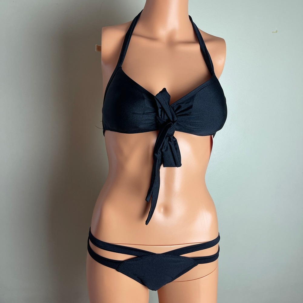 Anemone Black Halter Tie Front Bikini 2 piece Set Strappy Bottoms Swimsuit Small